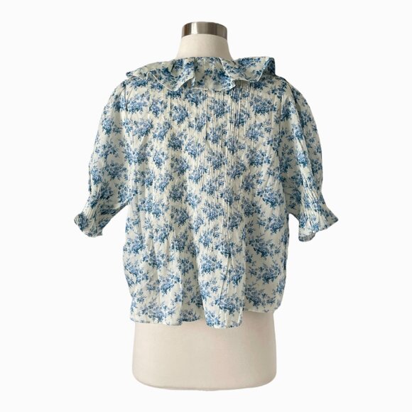 Doen Henri Ruffle Blouse S Blue Floral Cotton Top Feminine Cottagecore - Picture 6 of 11
